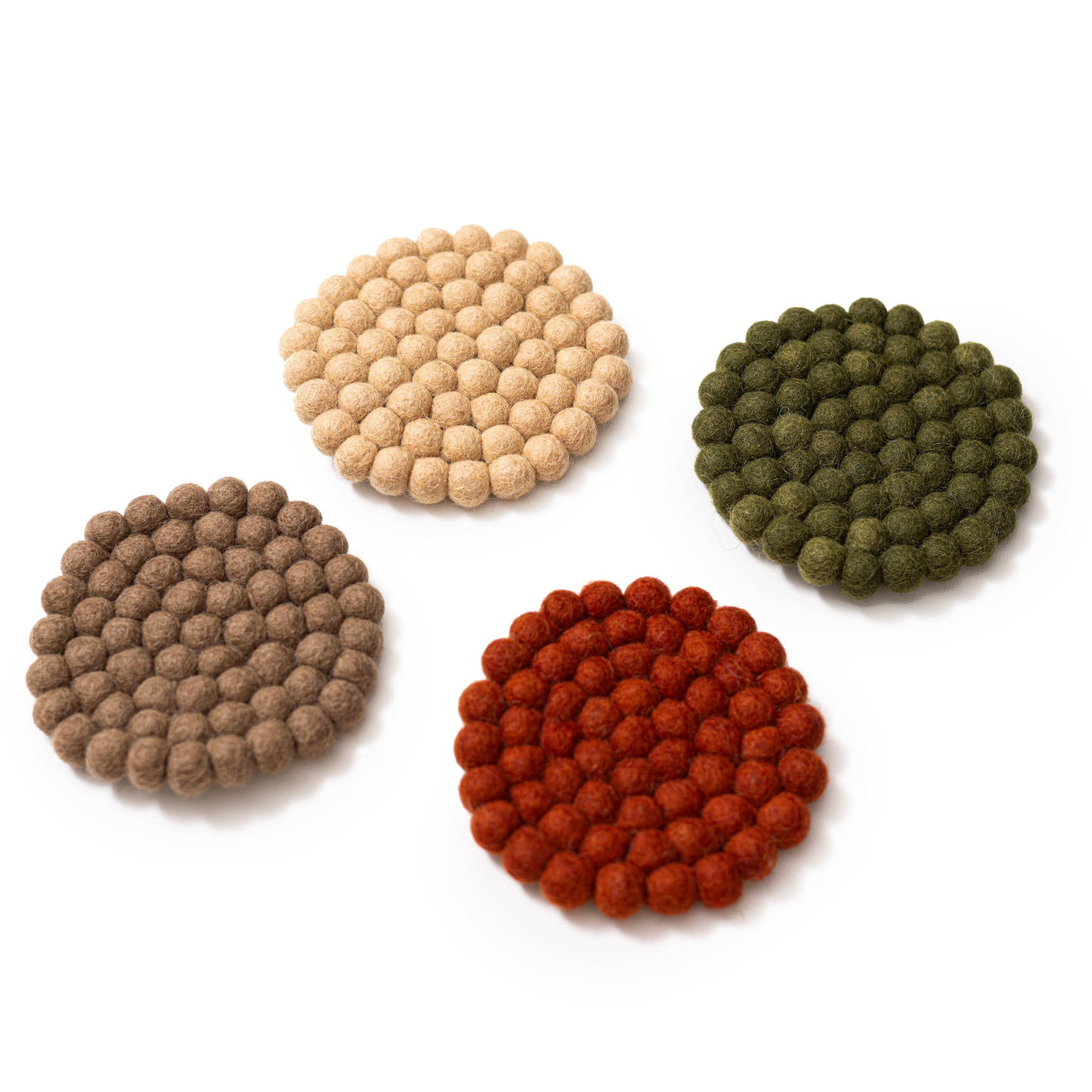 Felt circle coasters in red, green, brown, yellow.