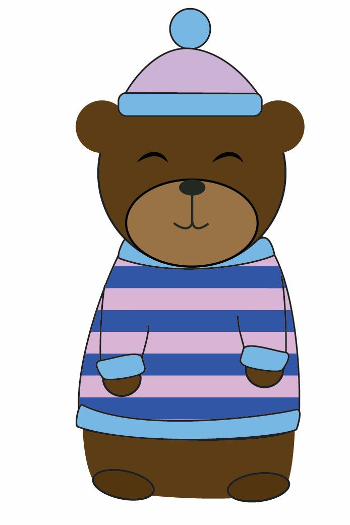 Computer drawing of a felt ornament of a bear in a blue and pink striped knitted sweater and hat.