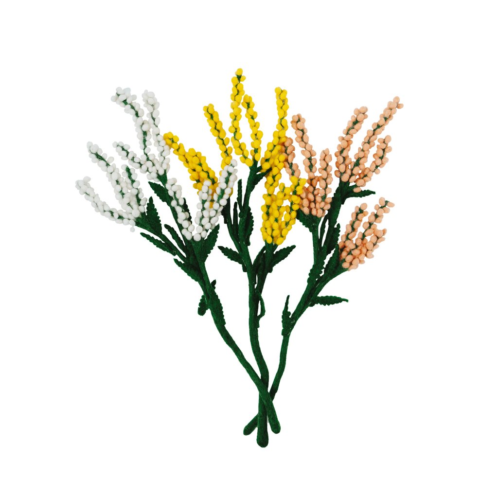 Felt Baby's Breath flowers in white, yellow and peach colors.