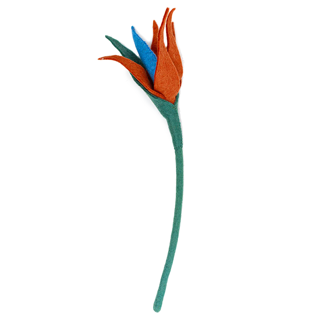 Orange felt Bird of Paradise flower with blue center.