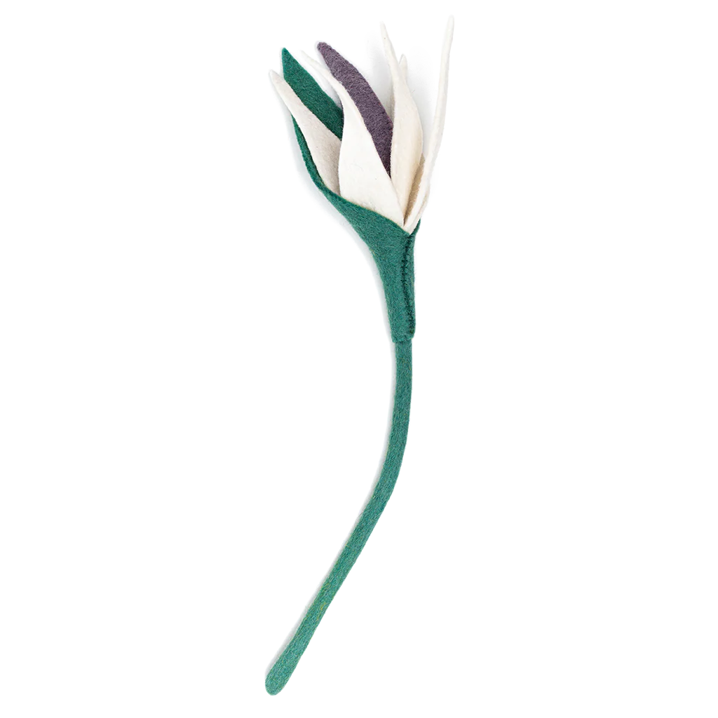 White felt Bird of Paradise flower with purple center.