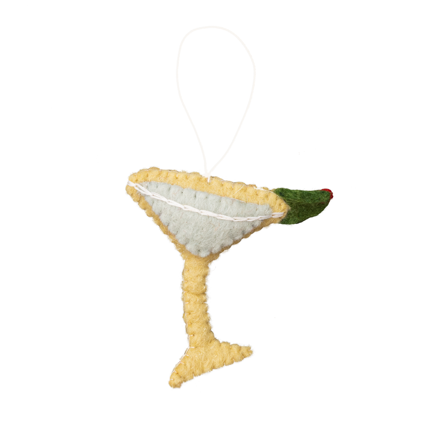 Felt ornament of a martini with olive garnish.