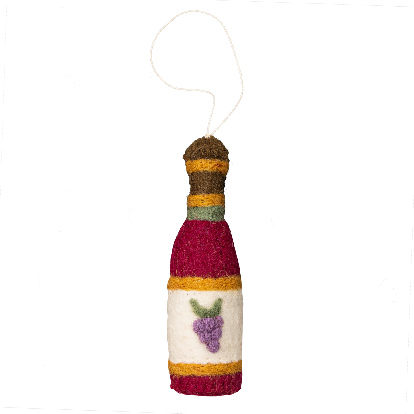 Felt ornament of a wine bottle with grapes on the label.