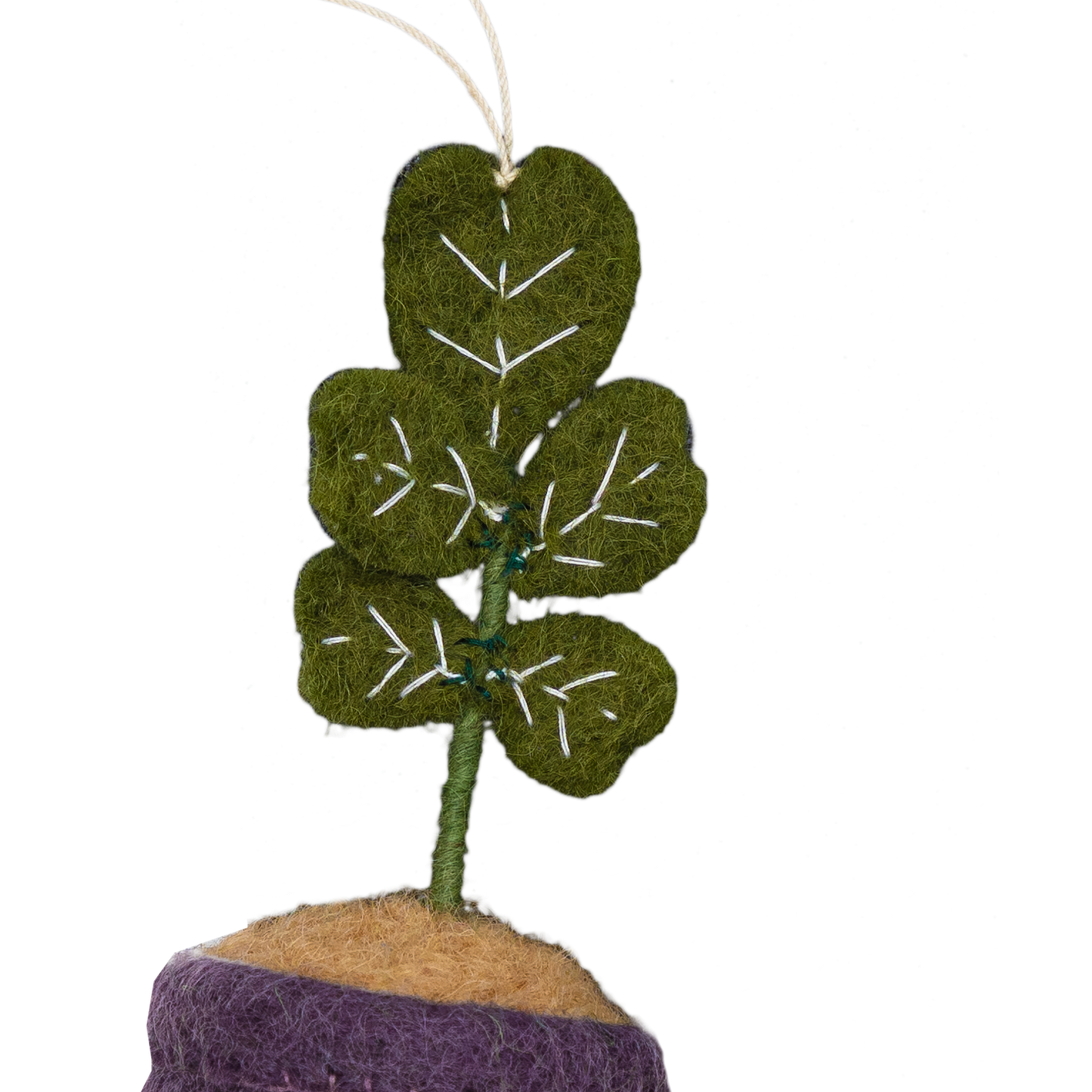 Felt ornament of a Fiddle Leaf plant with purple pot for Capricorn.