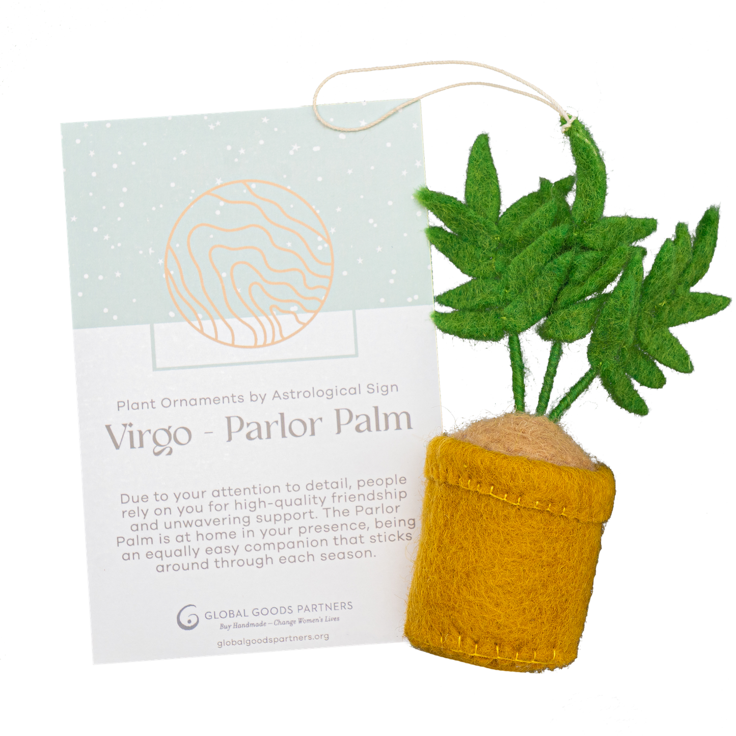 Felt ornament of a Parlor Palm plant in a yellow pot with a Virgo astrology card.