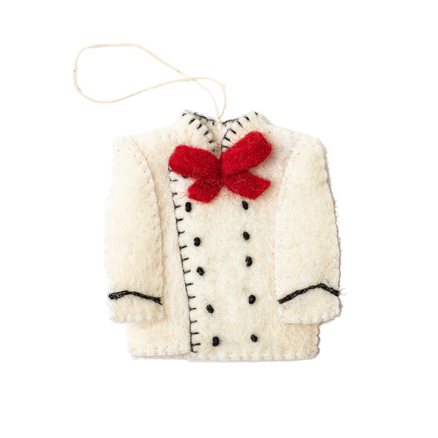 Felt ornament of a white chef's coat with a red bow at the top.