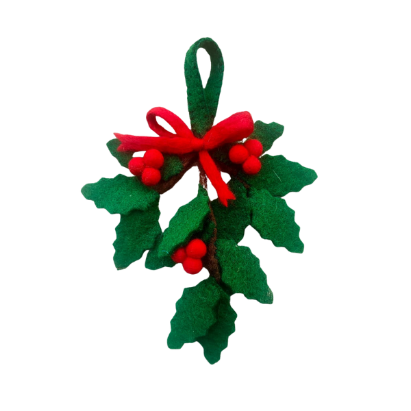 Felt ornament of Holly with berries and a red bow.
