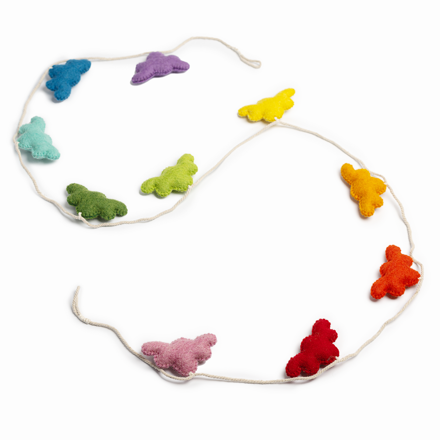 Felt rainbow cloud garland alternating purple, dark blue, light blue, dark green, light green, yellow, orange, dark red, light red, and pink clouds.