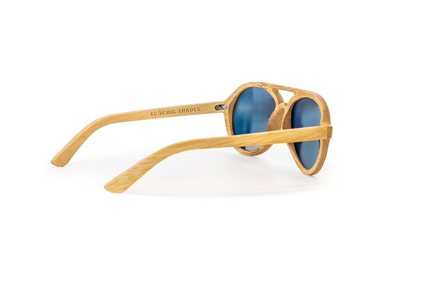 Back diagonal view of avion style natural colored bamboo sunglasses with rose gold mirrored lenses.