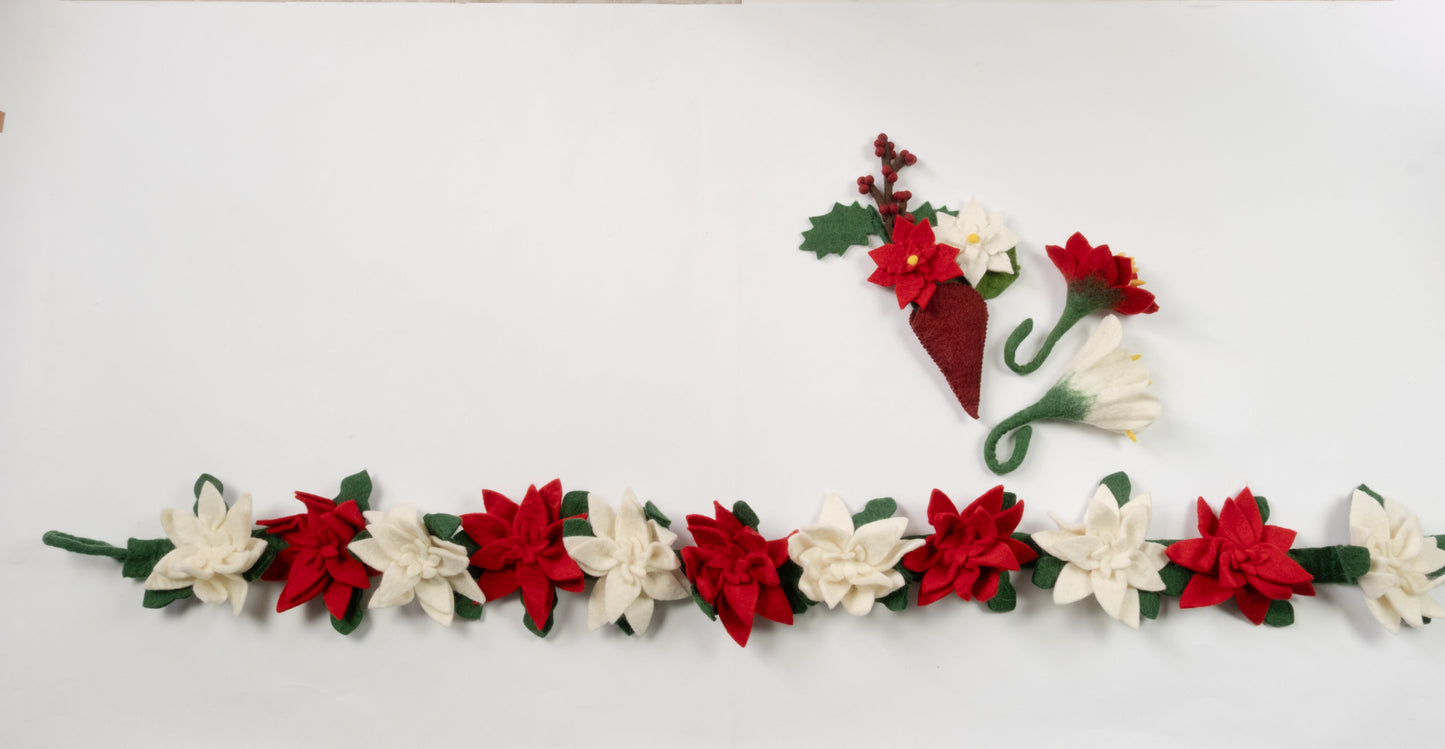 Felt ornaments of a red flower and a white flower with a red and white garland.