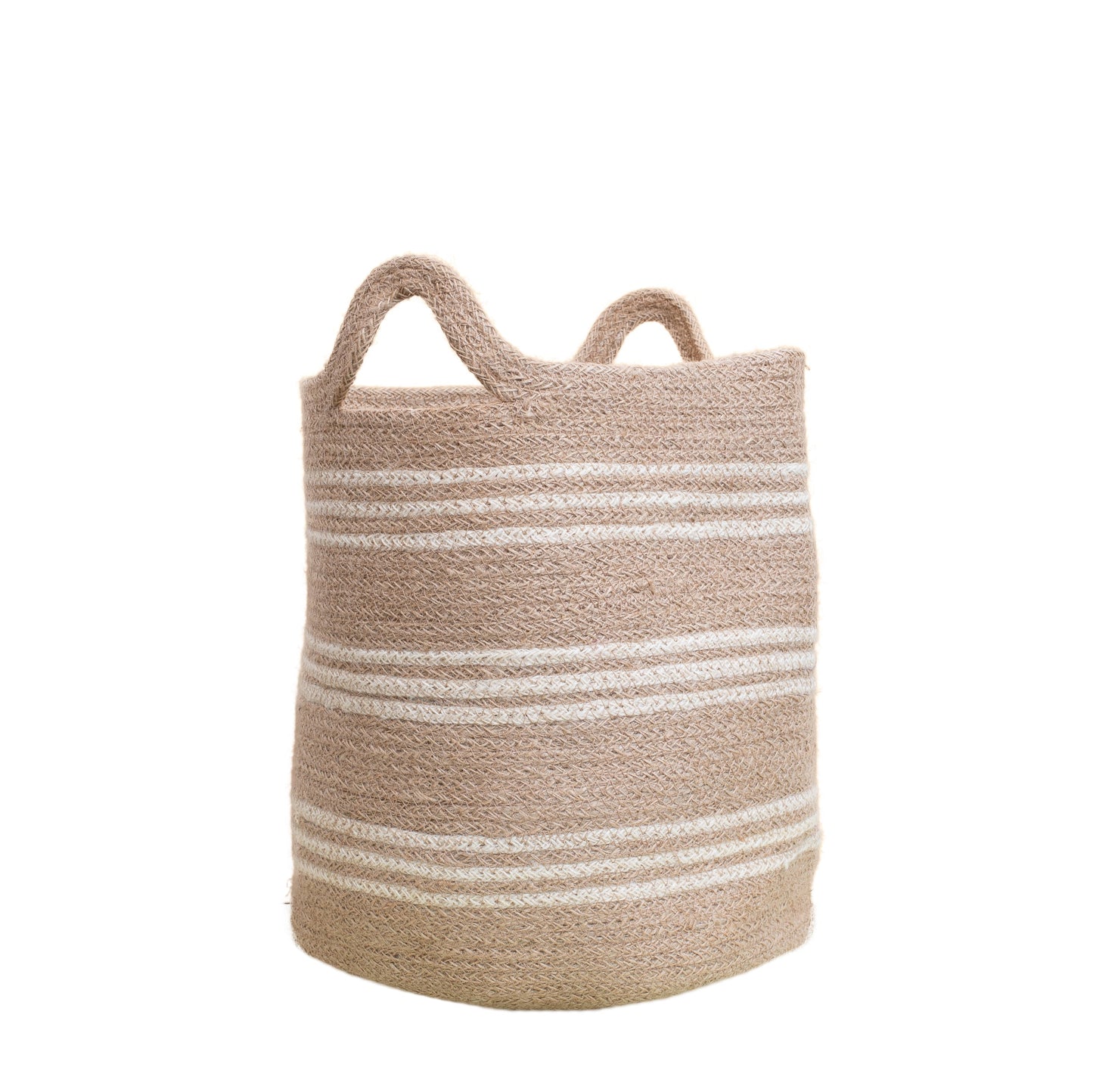 Brown and white striped jute basket.