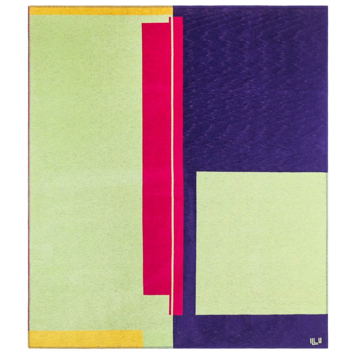 Blanket in bright purple, green, pink, and orange asymmetrical designs.