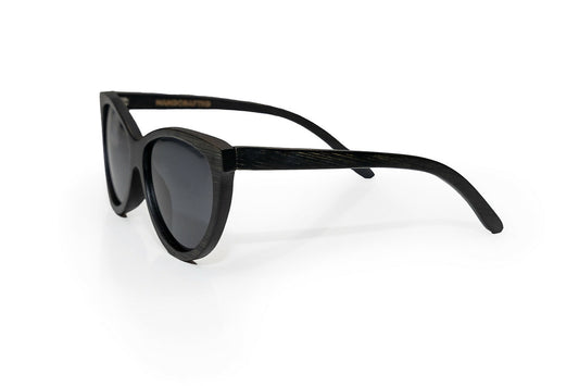 Side view of black bamboo sunglasses with black frames.