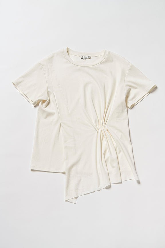 Front view of white t-shirt, left side slightly longer than left side, laying flat.
