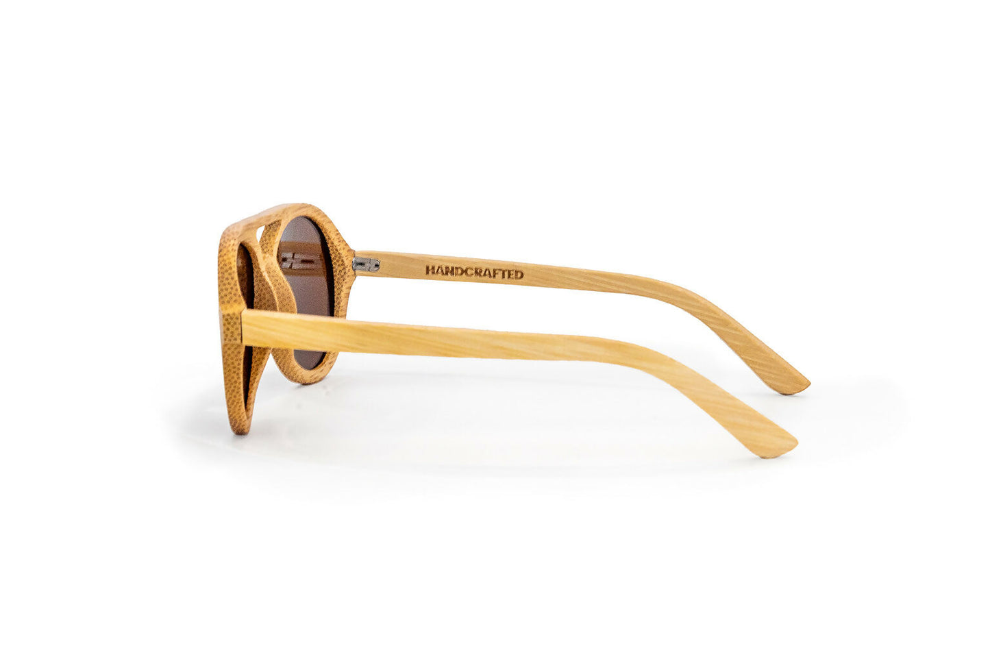 Side view of avion style natural colored bamboo sunglasses with rose gold mirrored lenses.