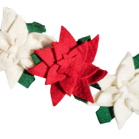 Close up of felt poinsettia garland with alternating red and white flowers.