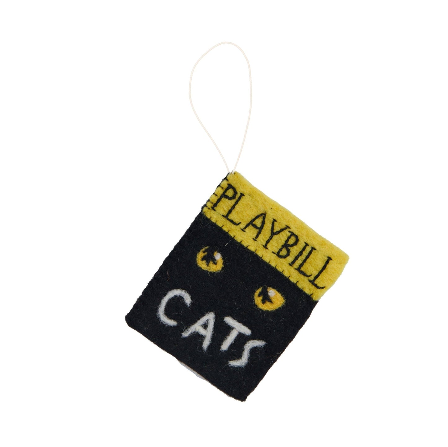 Felt ornament of a playbill for the Broadway play Cats showing black with glowing cat eyes.