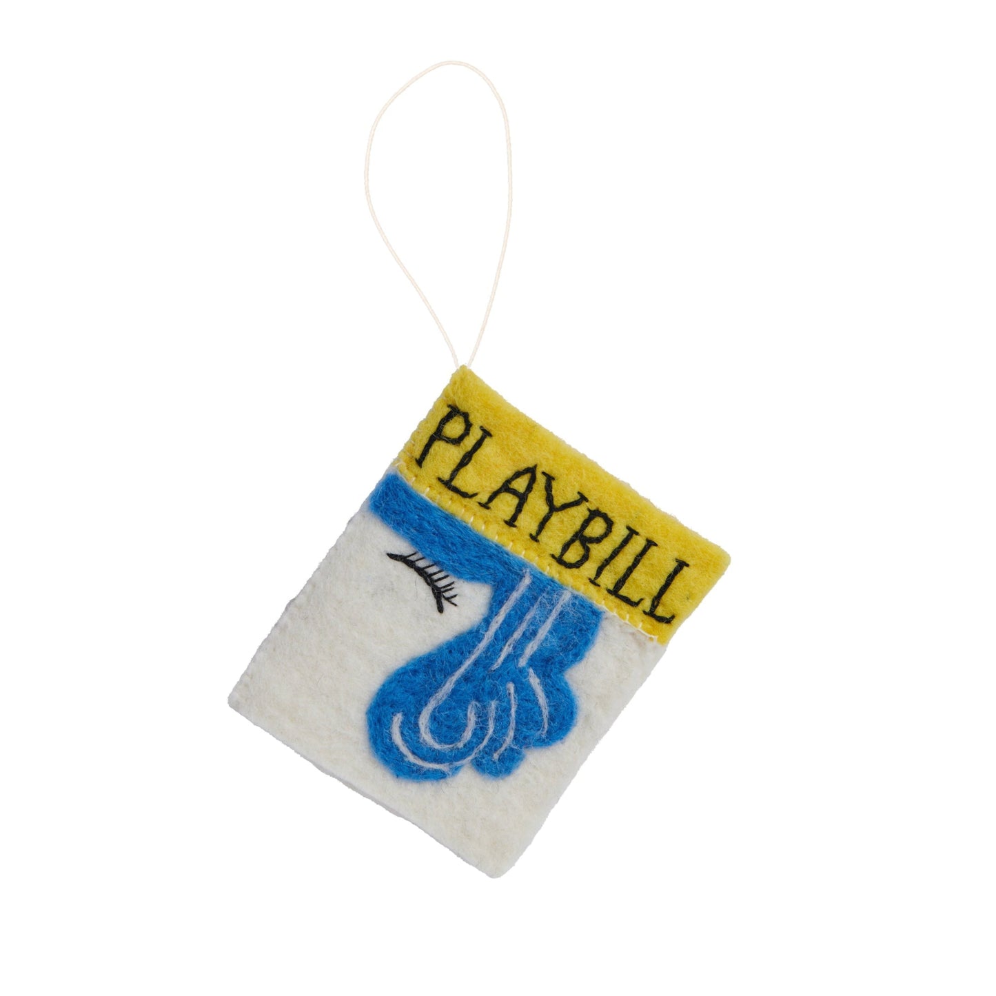 Felt ornament of a playbill for the Broadway play Hairspray showing blue hair and eyelash outline on a white background.
