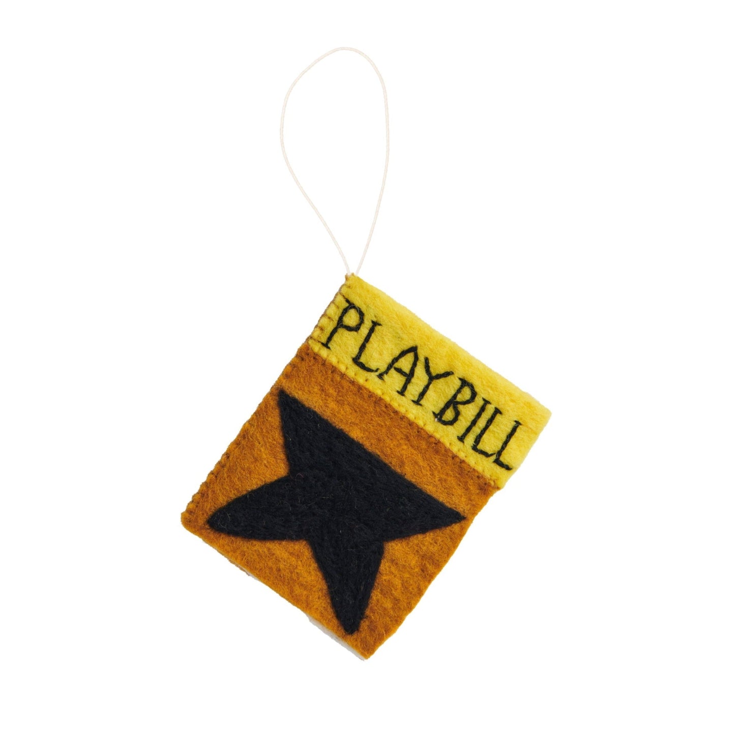 Felt ornament of a playbill for the Broadway play Hamilton with an orange background and black star.