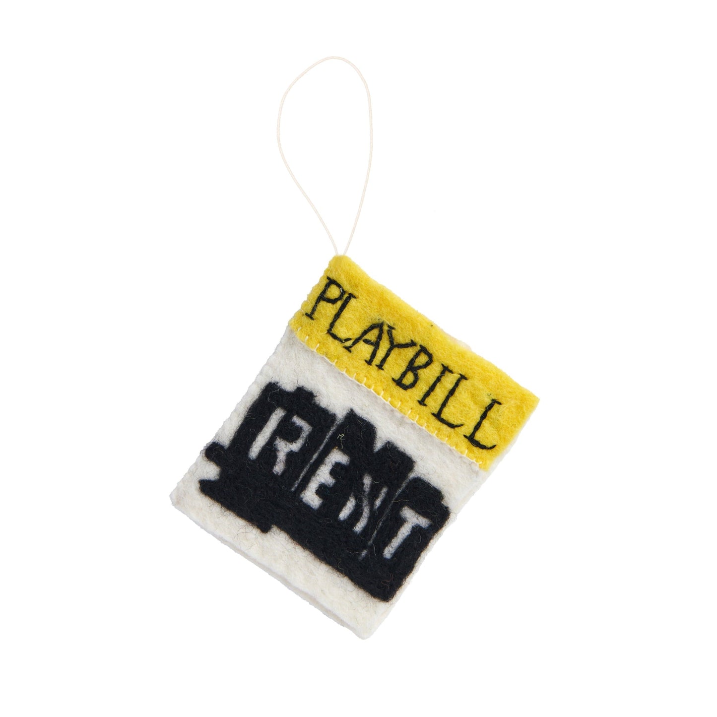 Felt ornament of a playbill for the Broadway play RENT.