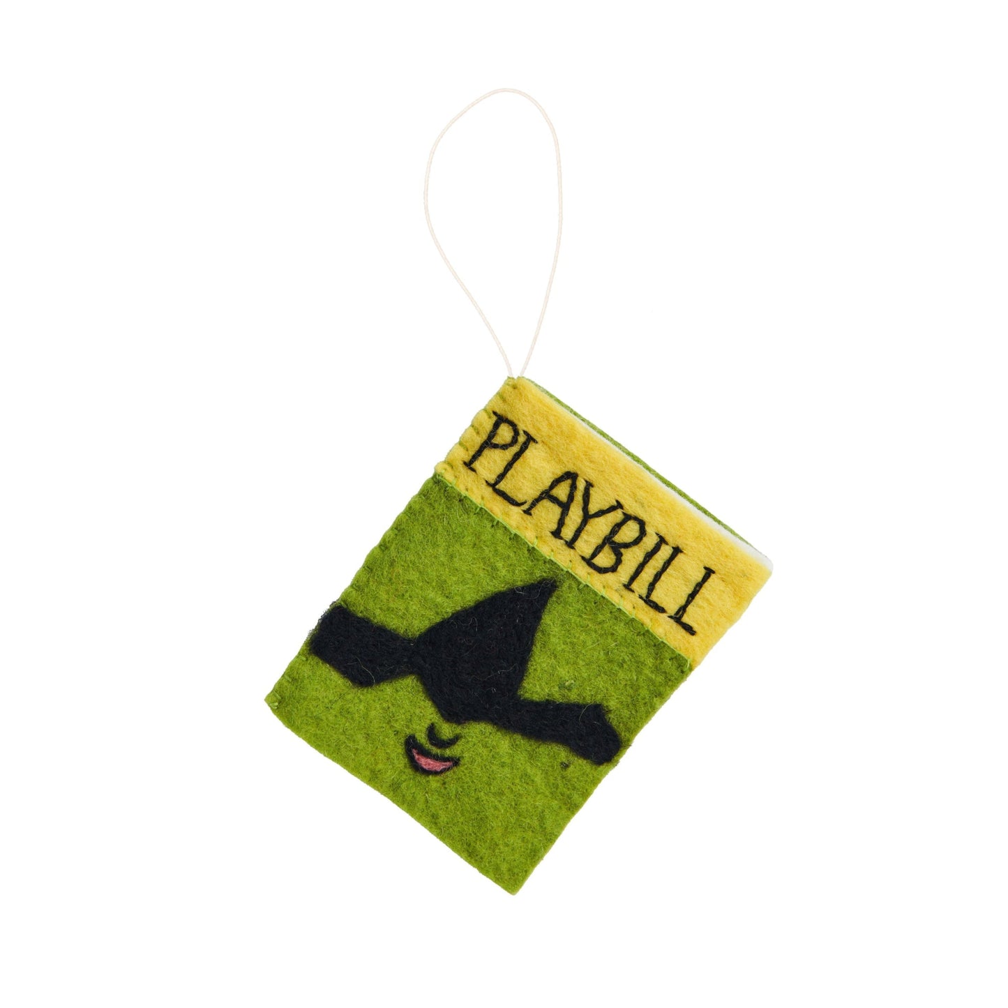 Felt ornament of a playbill for the Broadway play Wicked showing green with a witch hat.
