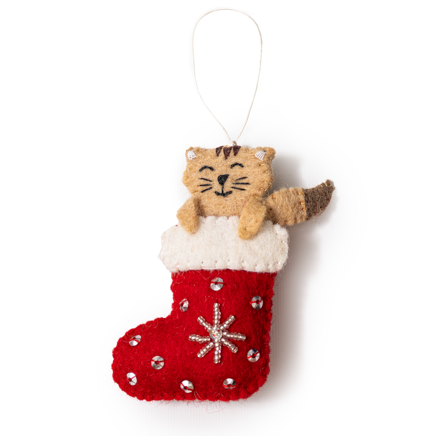 Felt ornament of a brown cat sticking out of a red and white Christmas stocking.