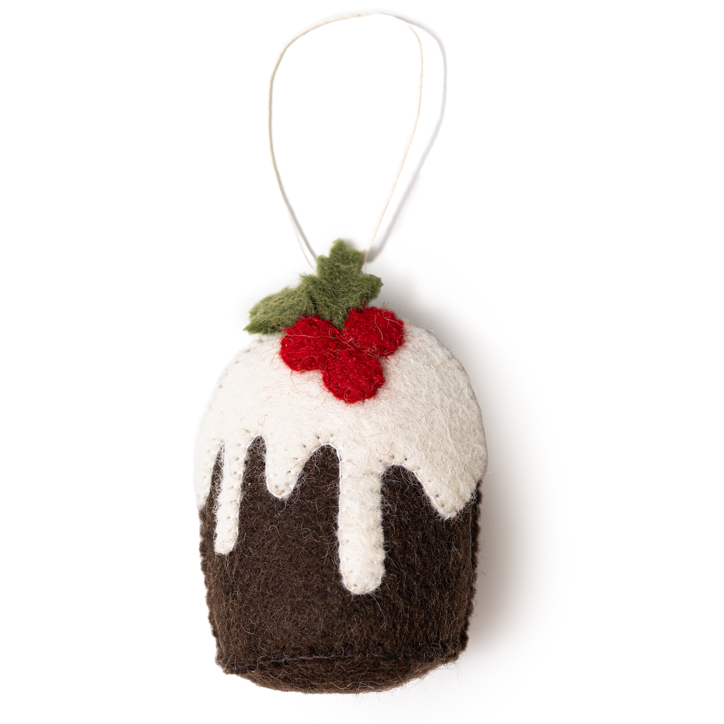 Felt ornament of a Christmas pudding with red berries on top.