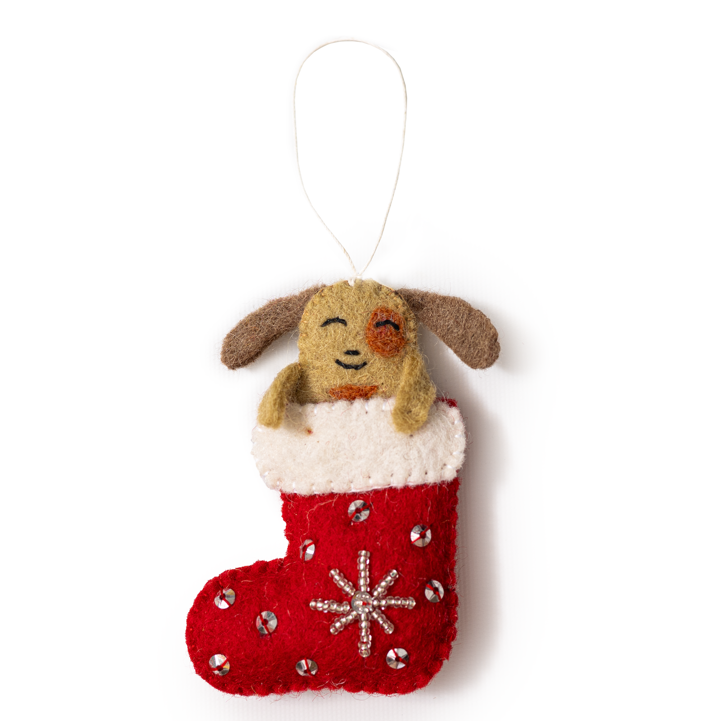 Felt ornament of a tan dog sticking out of a red and white Christmas stocking.
