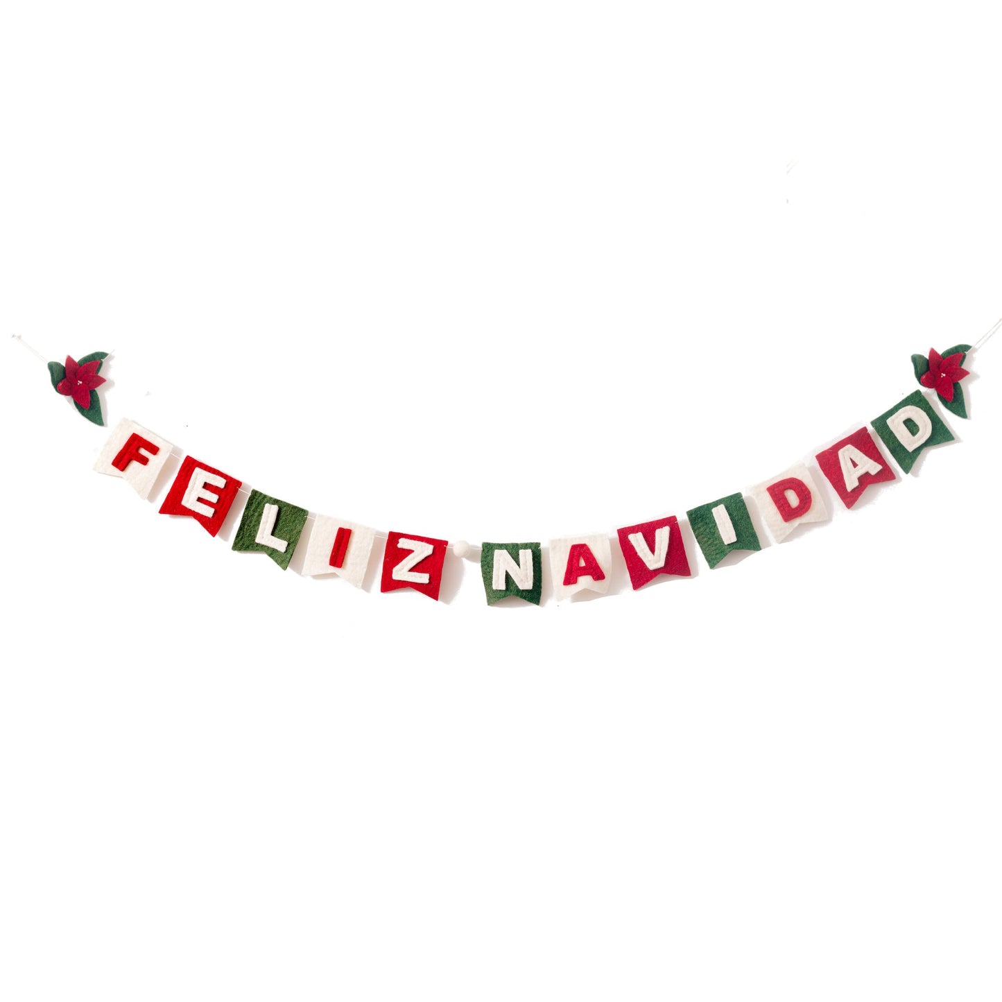 Felt garland spelling out Feliz Navidad in red and white letters on small dovetail flags in white, red, and green.