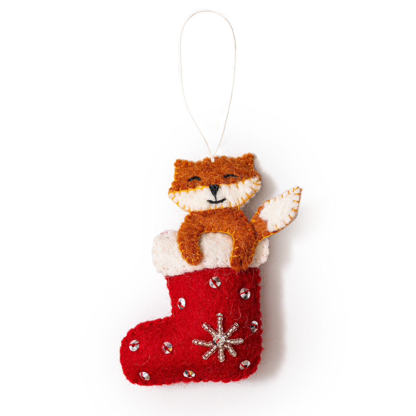 Felt ornament of a fox sticking out of a red and white Christmas stocking.
