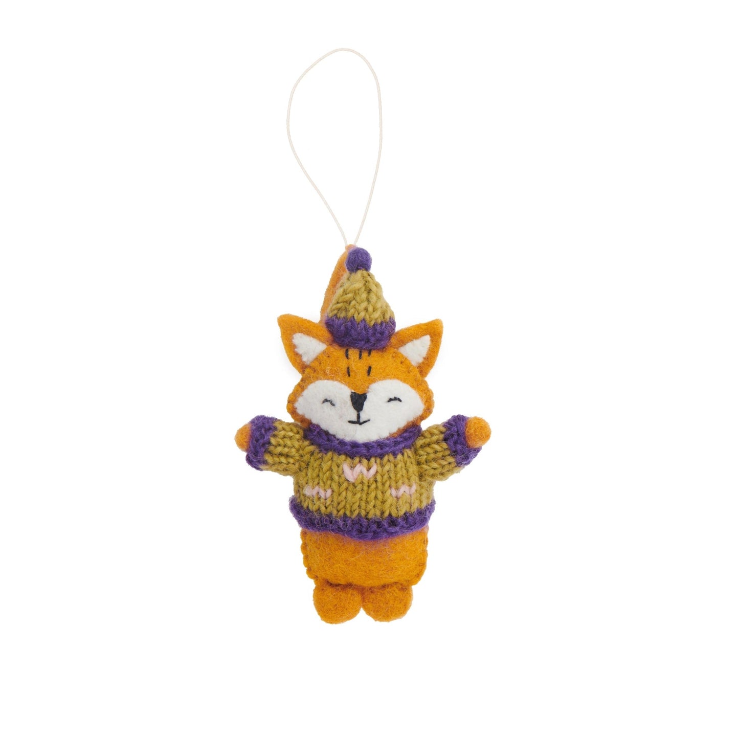 Felt ornament of a fox in a knitted yellow sweater and hat with purple trim and pink zig zags on it.