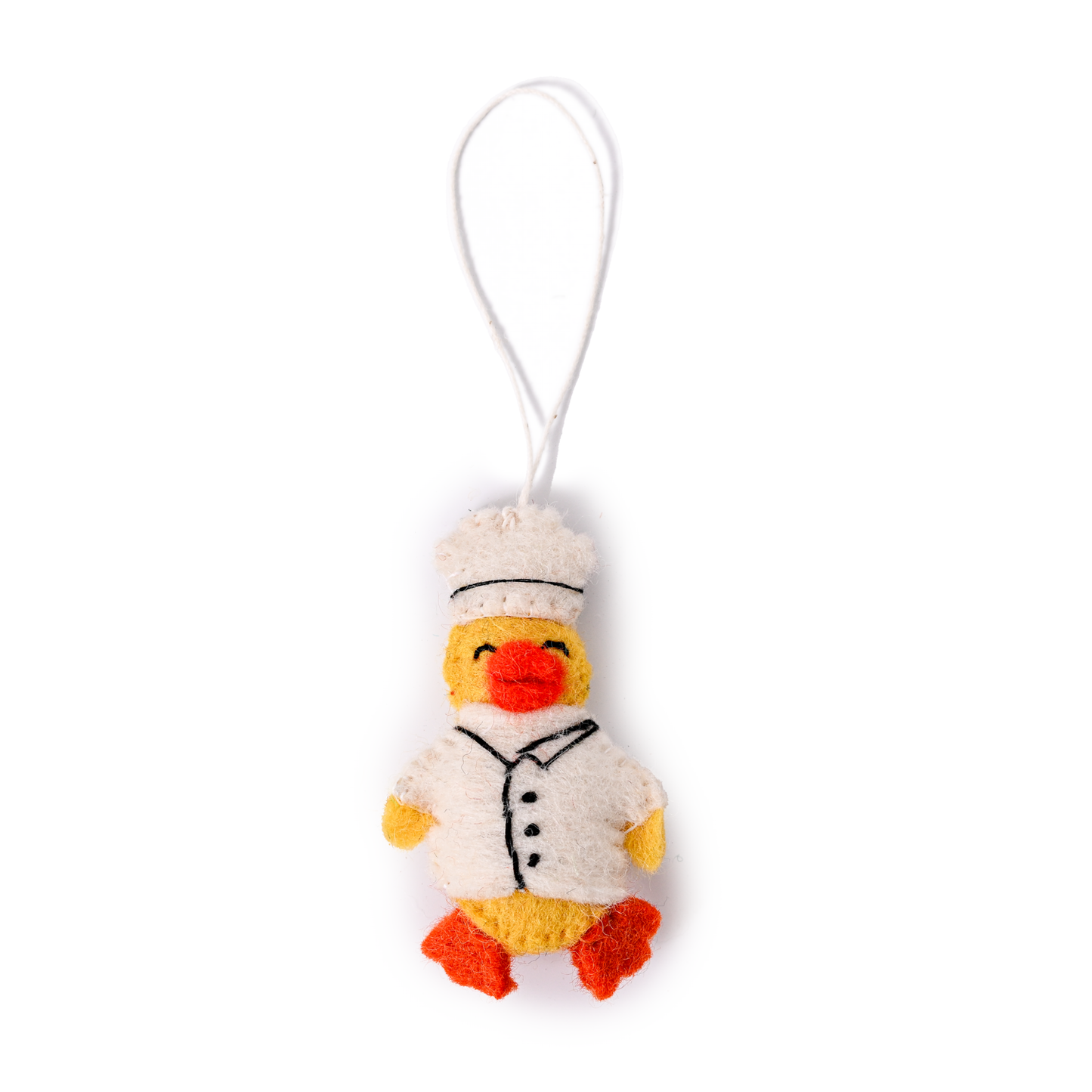 Felt ornament of a duck in a chef's hat and coat.