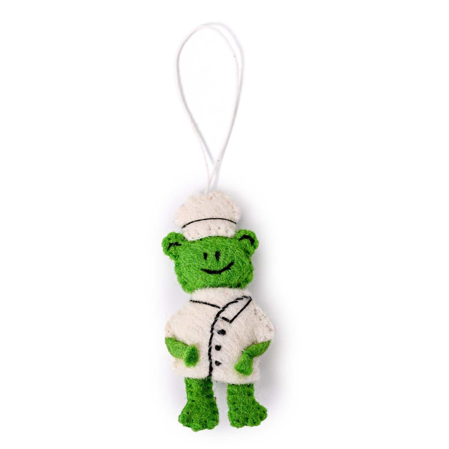 Felt ornament of a frog in a chef's hat and coat.