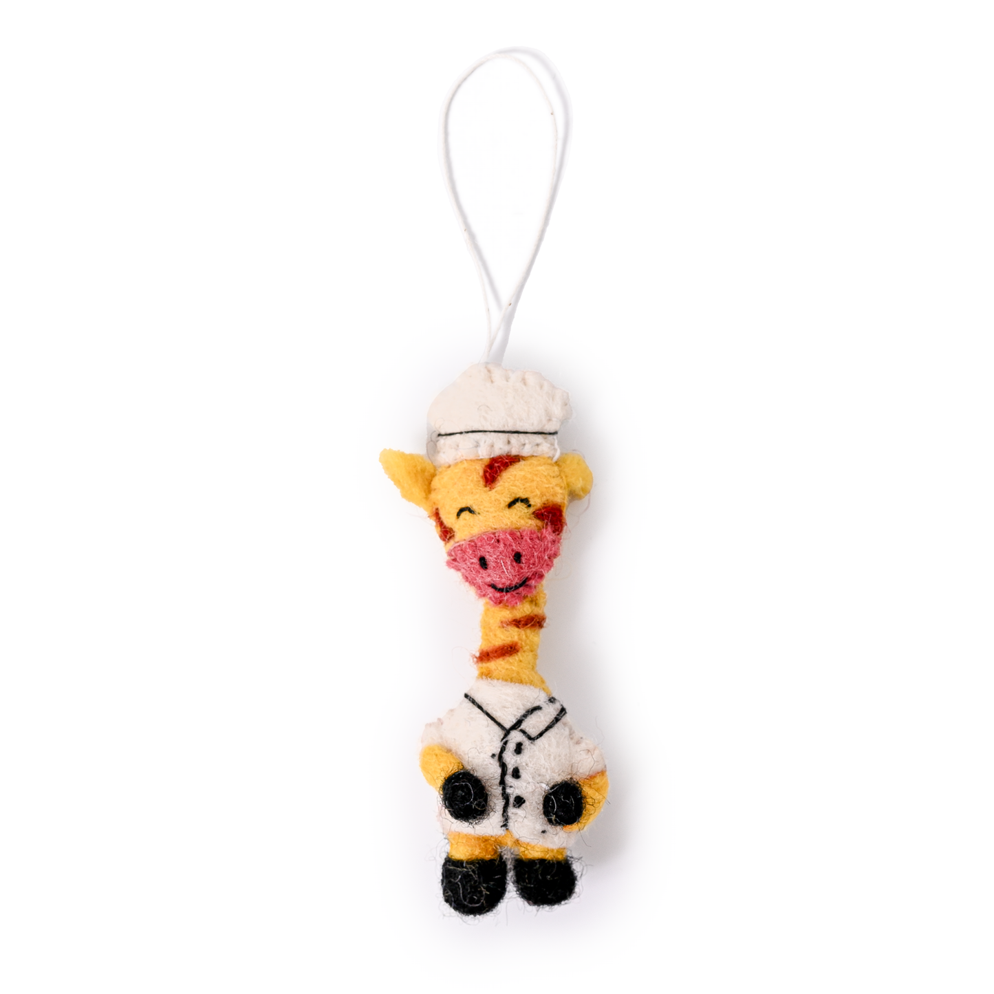 Felt ornament of a giraffe in a Chef's hat and coat.