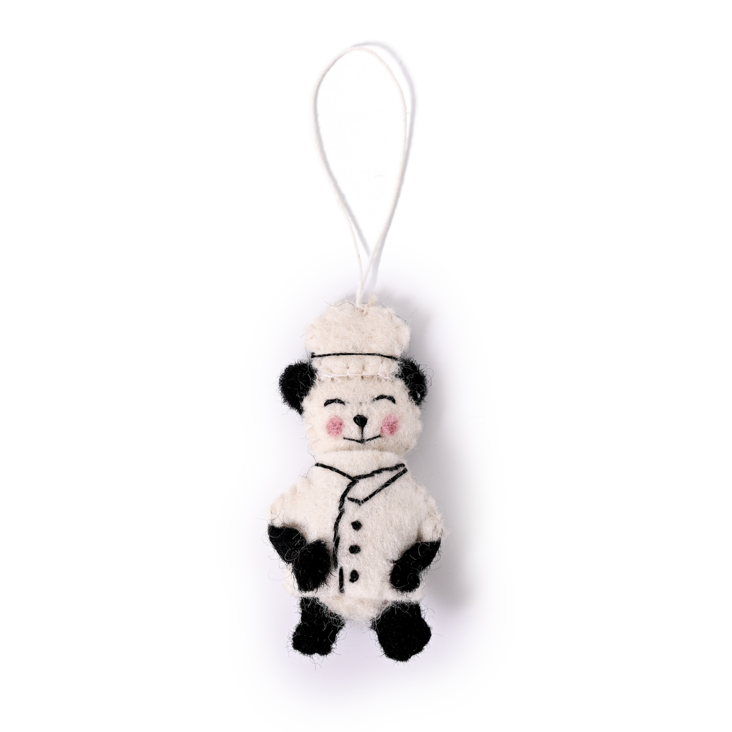 Felt ornament of a panda in a Chef's hat and coat.