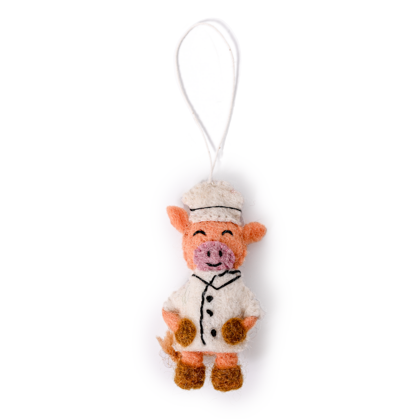 Felt ornament of a pig in a chef's hat and coat.