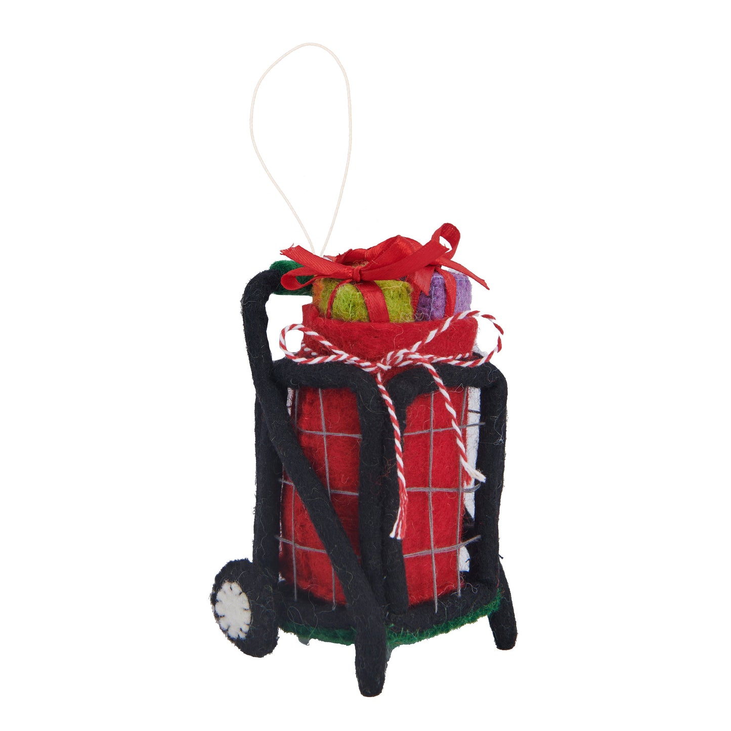 Felt ornament of a red granny cart full of presents.