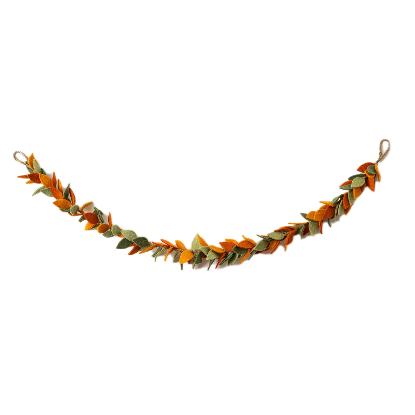 Felt garland of leaves in orange and green hanging.