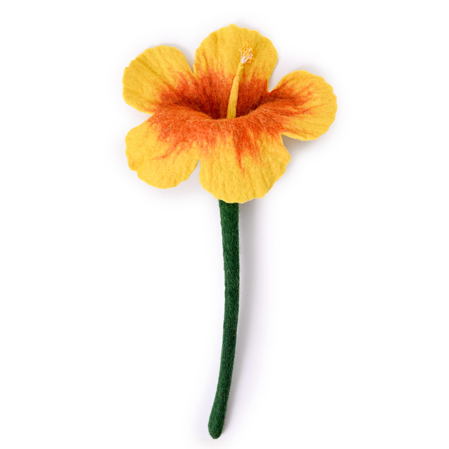 Yellow felt hibiscus flower with orange center.