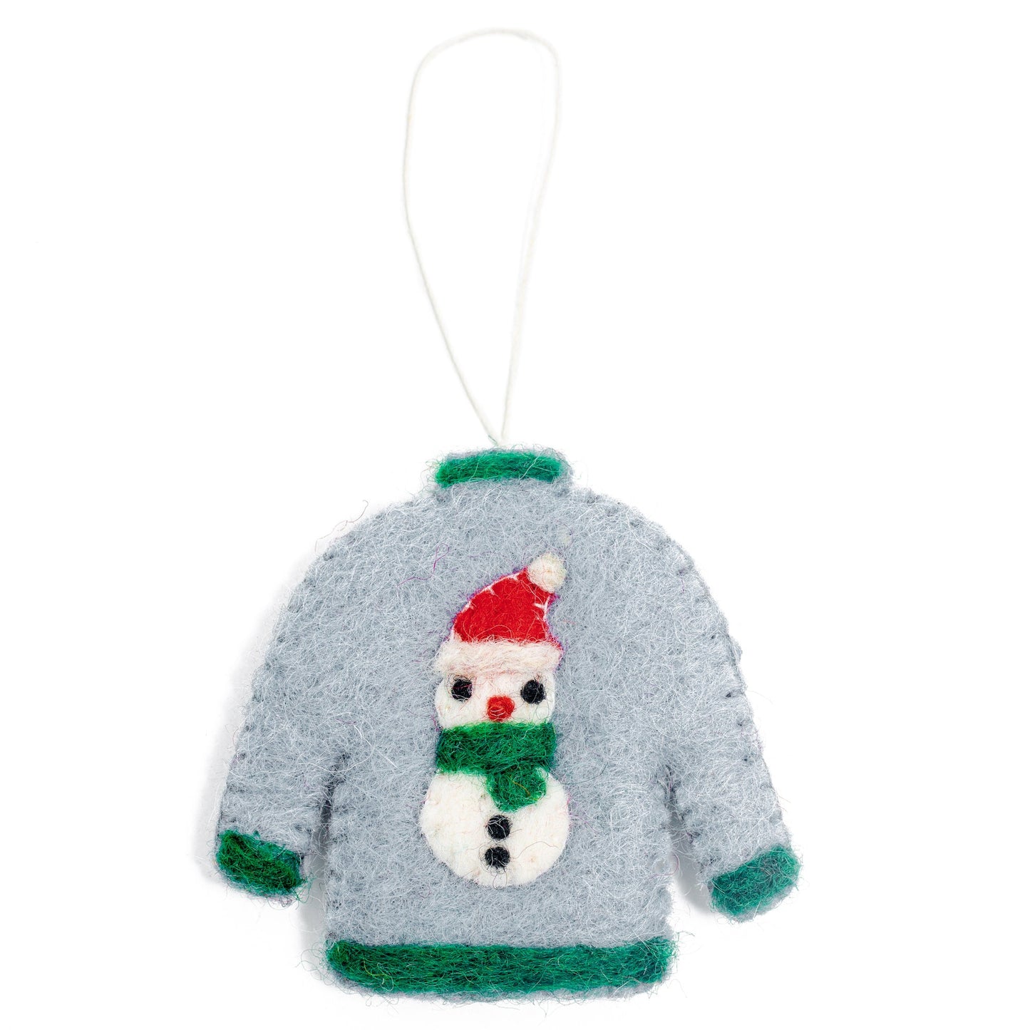 Felt ornament of a grey Christmas sweater with a snowman in the middle and green trim.