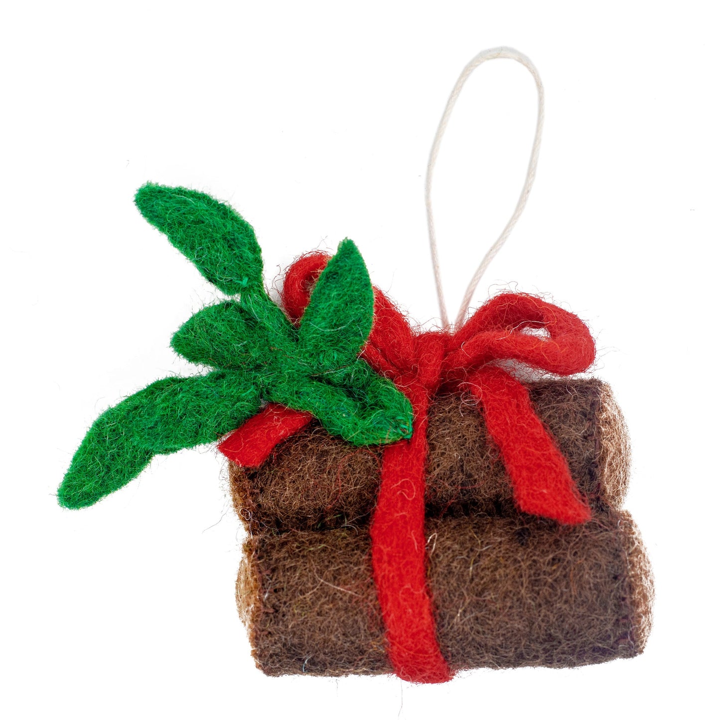 Felt ornament of logs tied together with red bow and greenery.