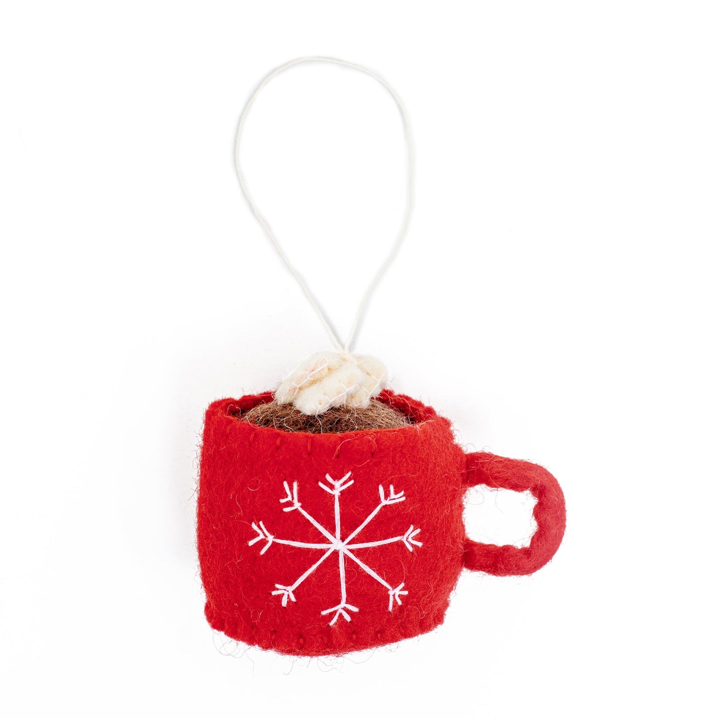 Felt ornament of hot cocoa in a red mug with white snowflake on it.
