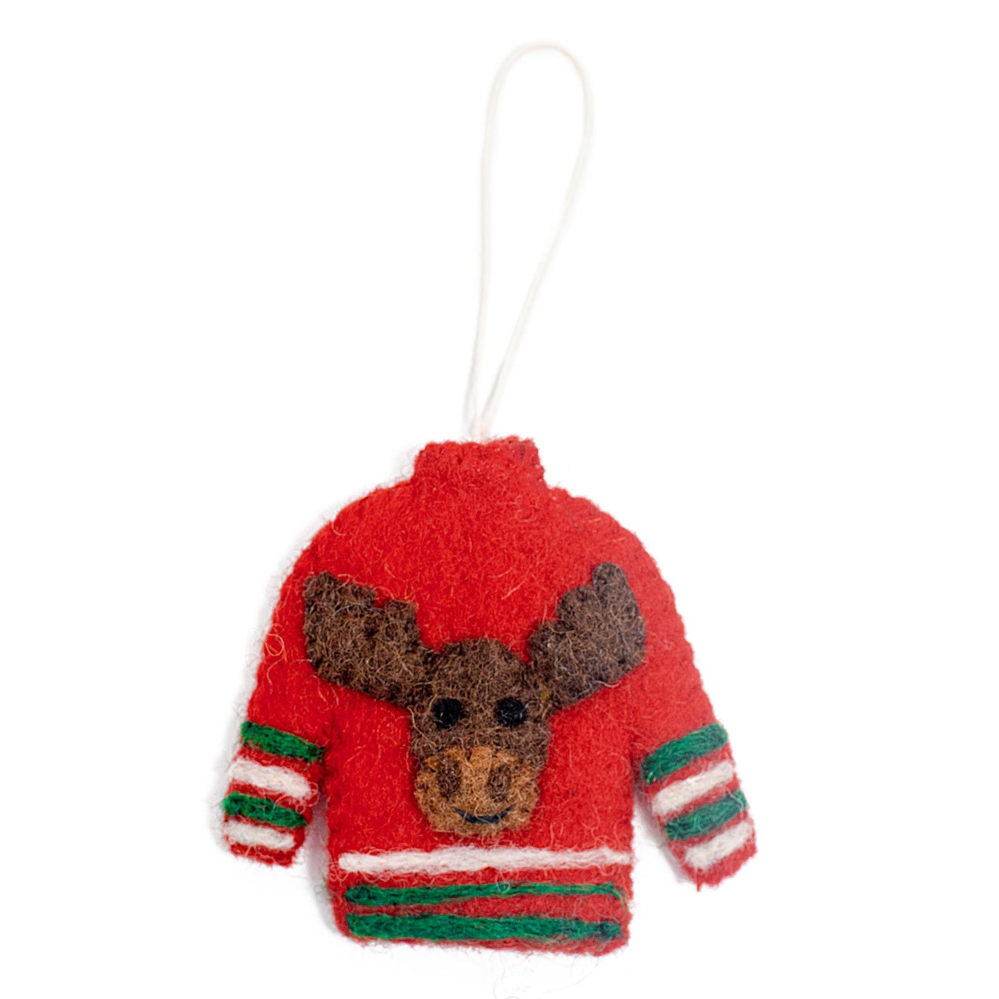 Felt ornament of a red Christmas sweater with a moose on it.