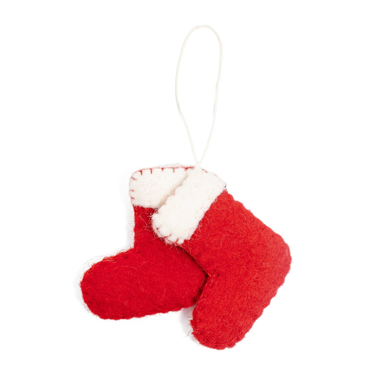 Felt ornament of two red and white Christmas stockings.
