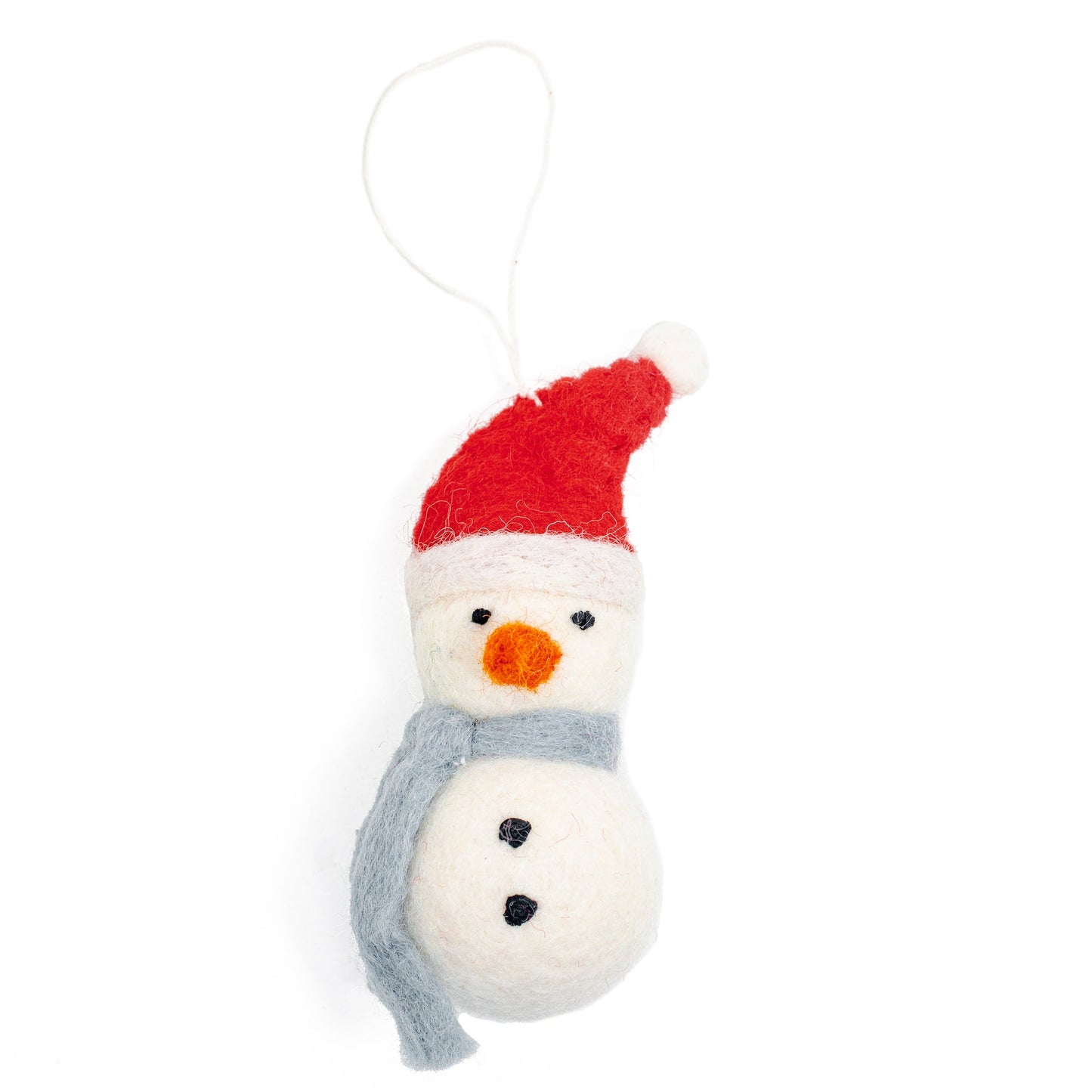 Felt ornament of snowman with red Santa hat and grey scarf.