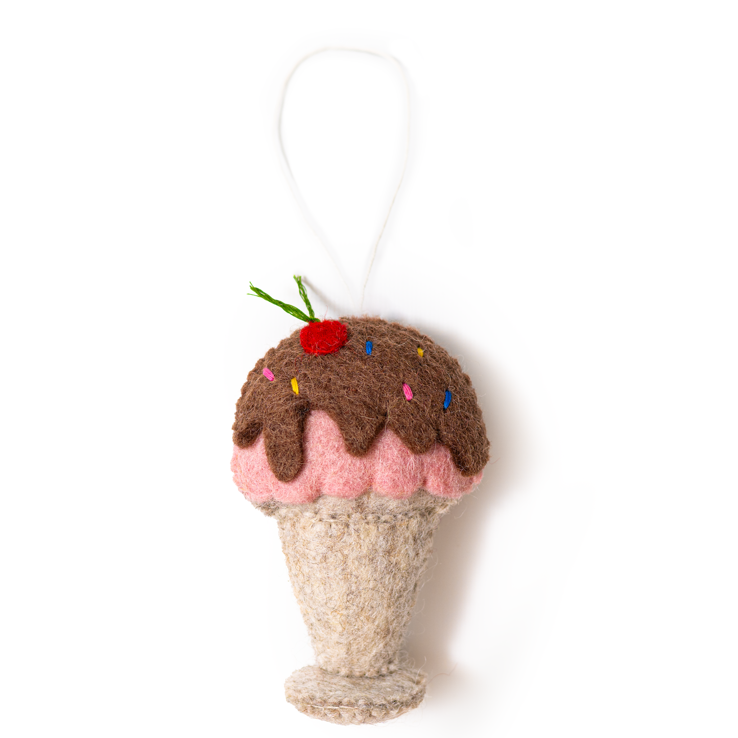Felt ornament of an ice cream sundae.