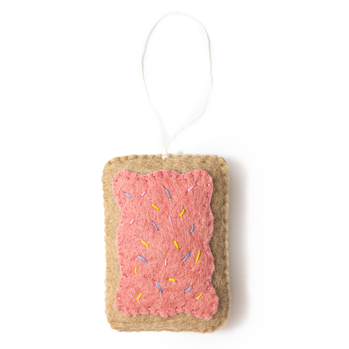 Felt ornament of a pink pop tart.