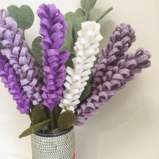 Felt Lavender flowers in purple, light purple, and white in a metal container.