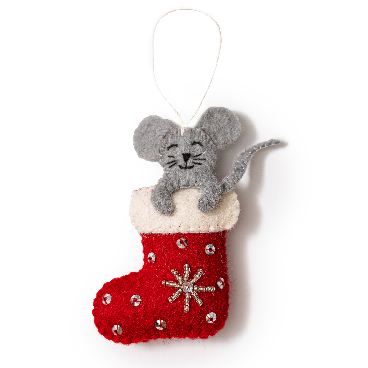 Felt ornament of a mouse sticking out of a red and white Christmas stocking.