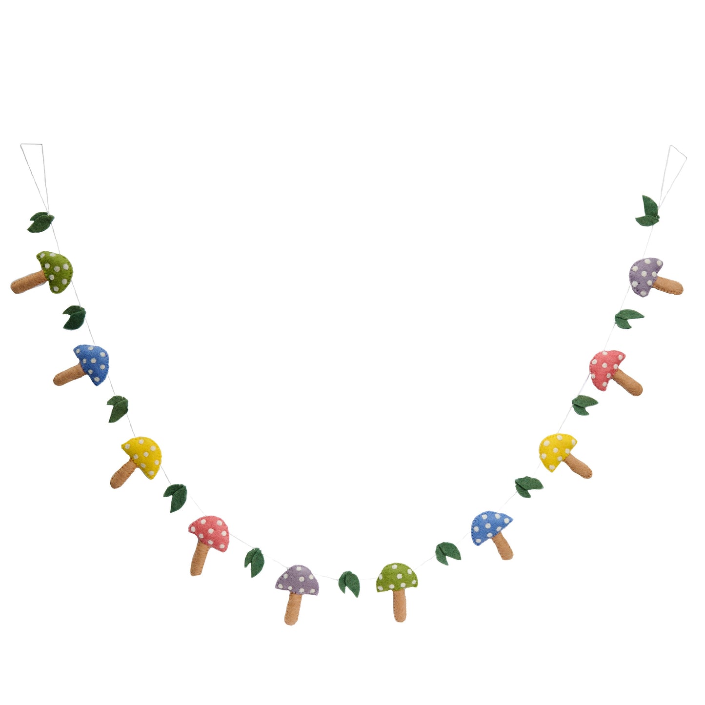Felt garland of mushrooms in pastel colors of green, blue, yellow, pink, and purple.